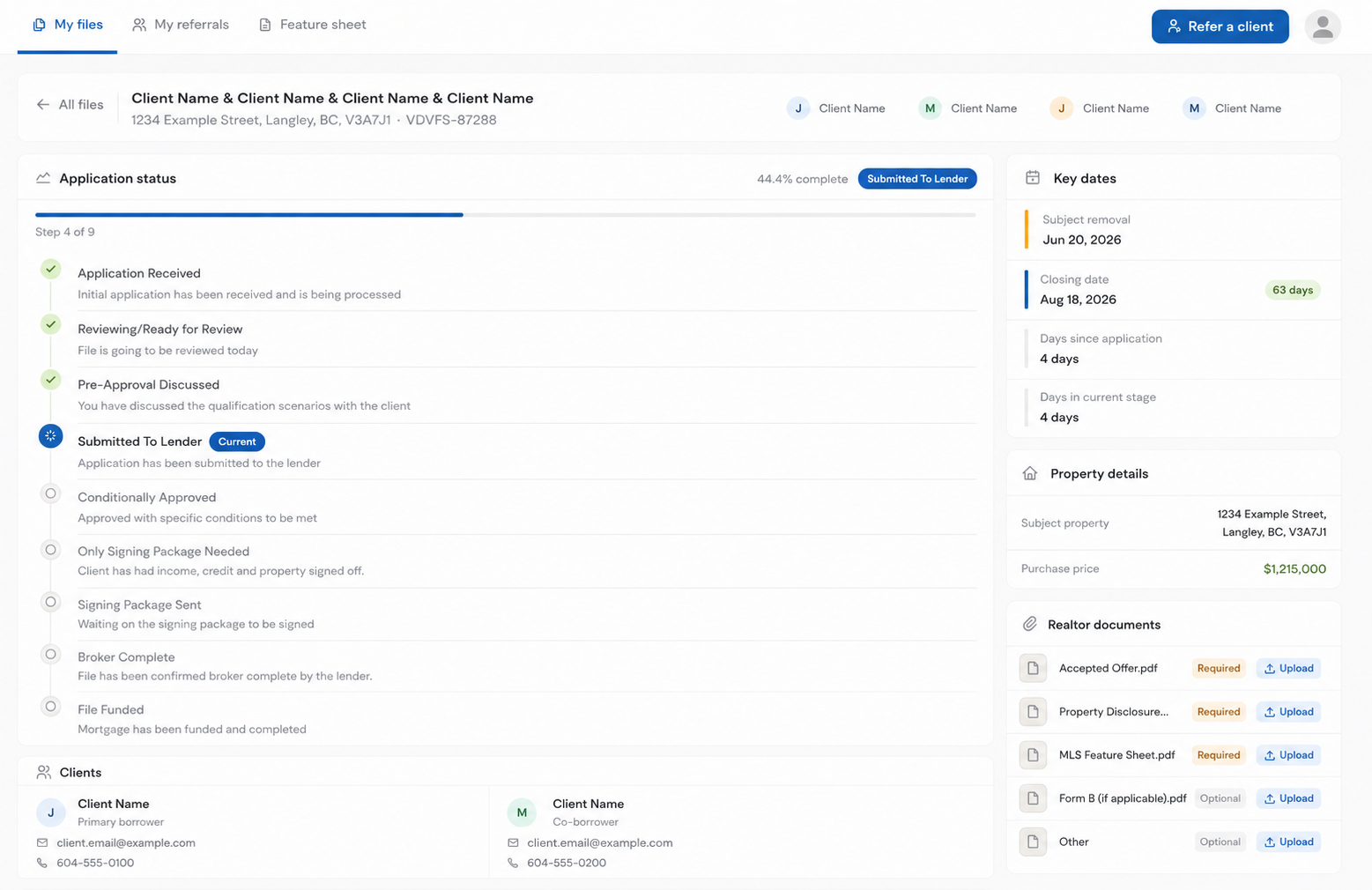 Broki partner portal file detail with application status and required documents