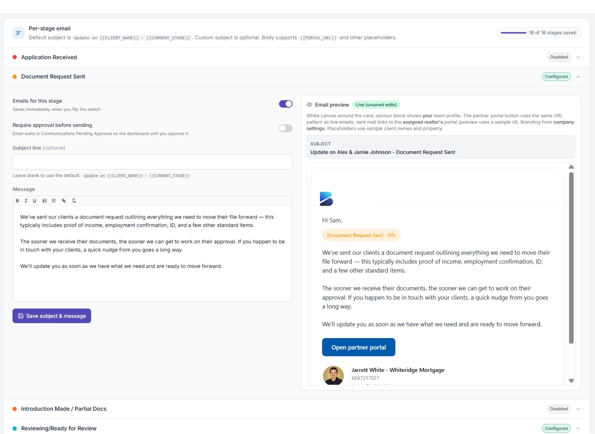 Broki per-stage automated partner update email editor
